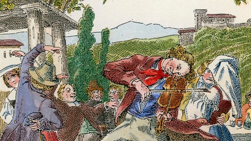 Der Taugenichts spielt auf seiner Geige. - Lithographie von A. Schrödter aus der Ausgabe Berlin (M. Simion) 1842. Spätere Kolorierung.