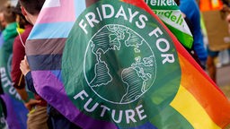 Logo von Fridays For Future auf LGBTQ+ Fahne