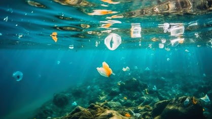 Unterwasser schwimmt Plastikmüll (KI-generiert)