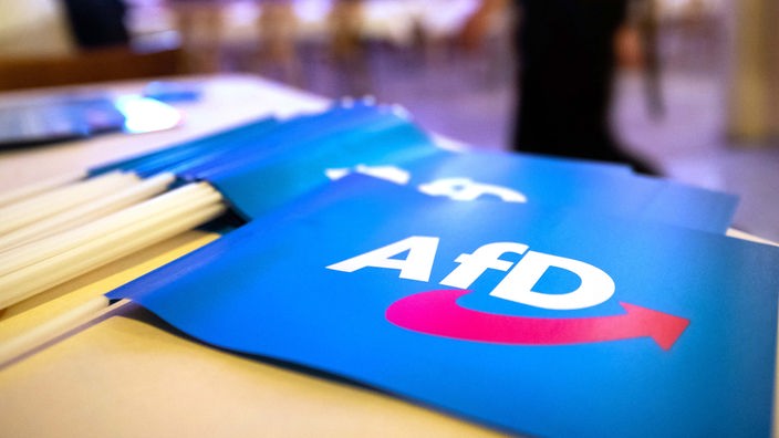 Symbolbild: Papierfahnen mit AfD-Logo liegen auf einem Tisch