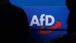 Delegierte gehen vor dem Parteilogo bei dem AfD-Bundesparteitag in der Magdeburger Messe hoch (2023).