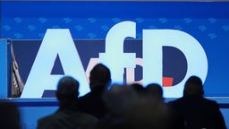 AfD-Logo auf der Bühne, davor Silhuetten von Delegierten