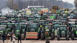 Bauern-Sternfahrt in Nürnberg. Traktoren stehen auf dem Volksfestplatz.