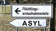 Symbolbild: Hinweisschilder mit der Aufschrift "Flüchtlingserstaufnahmestelle" und "Asyl"