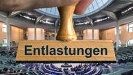 Symbolbild: Ein Stempel mit der Aufschrift "Entlastungen" vorm Plenarsaal im Reichstagsgebäude.