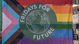 Fridays for Future Emblem auf einer Progress-Flagge.