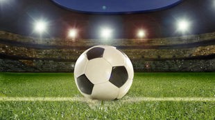 Ein Fußball liegt in einem Stadion auf der weißen Linie. Symbolbild