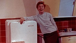 Werbung 1950er Jahre: Frau lehnt an einem Kühlschrank (as: Rendezvous unterm Nierentisch, 1987