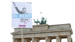 Schid bei einre Demonstration am Brandenburger Tor in Berlin: Björn Höcke mit nach oben ausgestrecktem Arm und Schlagzeile "Nie wieder! Keine Bühne der AfD".