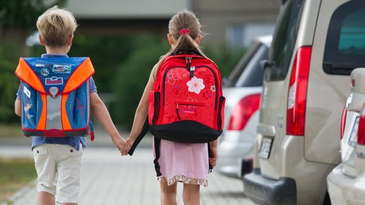 Zwei Grundschüler gehen Hand in Hand zur Schule.