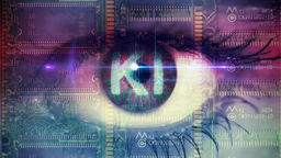 Auge einer Frau mit Binärcode und dem Schriftzug KI, Symbolfoto Künstliche Intelligenz