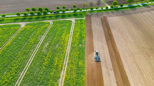 Luftaufnahme eines Traktors auf Ackerland in Brandenburg