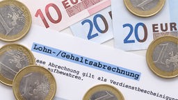 Lohn- / Gehaltsabrechnung Symbolfoto mit Gelscheinen und Münzen