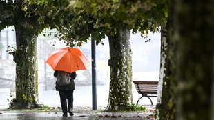 Ein Mensch mit Schirm im Regen