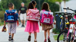 Rückansicht: Drei Schulkinder mit Schulranzen auf einem Weg auf dem Schulgelände 