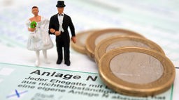 Spielfiguren-Brautpaar steht neben Euromünzen auf einer Steuererklärung.