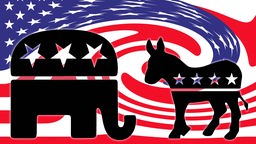 Die Zeichnung eines Elefanten und eines Esels vor der US-Flagge.