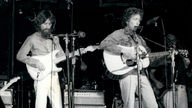 Harrison und Dylan beim Konzert für Bangladesh, Madison Square Garden, 1975