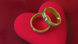 Zwei Eheringe auf einem roten Herzkissen. 