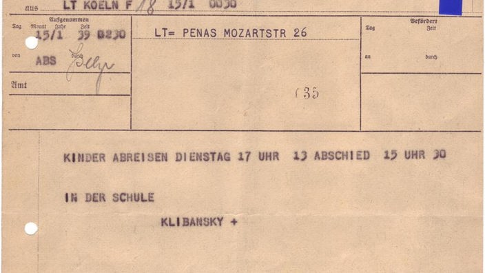 Foto eines historischen Telegramms aus von Erich Klibansky 