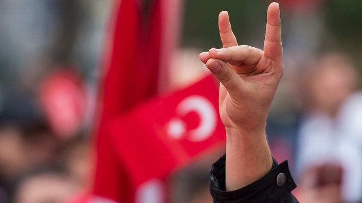 Eine Hand zeigt den "Wolfsgruß" der Grauen Wölfe während einer Pro-Türkischen Demonstration. Graue Wölfe ist die Bezeichnung für die ultranationalistische Bewegung aus der Türkei.