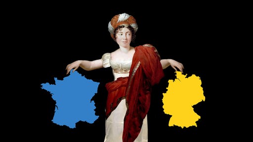 Szene der Arte-Sendung "Karambolage": Eine Frau hält links und rechts von sich die Umrisse der Länder Frankreich und Deutschland