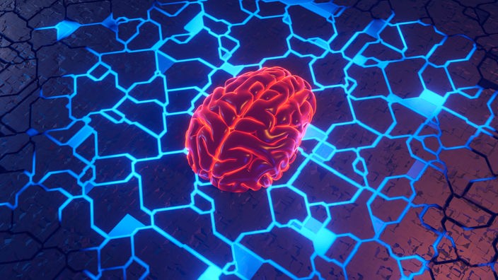 Eine dreidimensionale Grafik zeigt ein menschliches Gehirn inmitten eines Datennetzes.