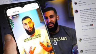 Auf einem Smartphone wurde der TikTok-Kanal der Gruppierung Muslim Interaktiv aufgerufen. Im Bild ein Videobeitrag des Predigers Raheem Boateng. Dahinter ist auf einem Laptop der Instagram-Account der Gruppierung aufgerufen worden