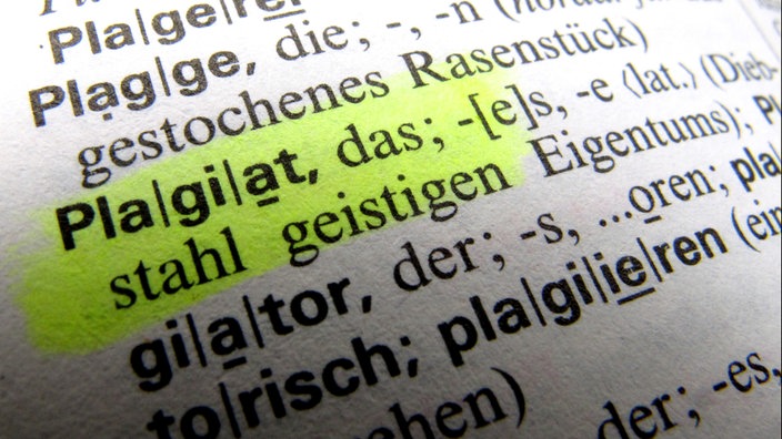 Das Foto zeigt das Wort "Plagiat" in einem Wörterbuch.