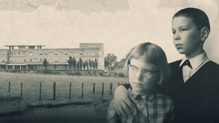 Eine Collage aus schwarz-weiß Fotos zeigt Kinder die auf ein Kurheim blicken.