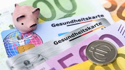 Gesundheitskarten mit Geldscheinen, Sparschwein und einer Euro-Münze