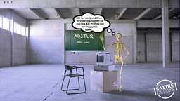 Abiturprüfung an einem sehr veralteten PC mit einem sprechendem Skelett als Prüfer
