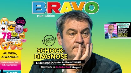 Satirische Fotomontage: Markus Söder auf dem Cover der Jugendzeitschrift Bravo