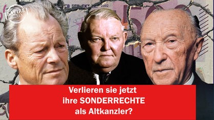 Bildmontage: Die ehemaligen Bundeskanzler Brandt, Erhard und Adenauer mit der Schlagzeile: Verlieren sie ihre Sonderrechte als Altkanzler?
