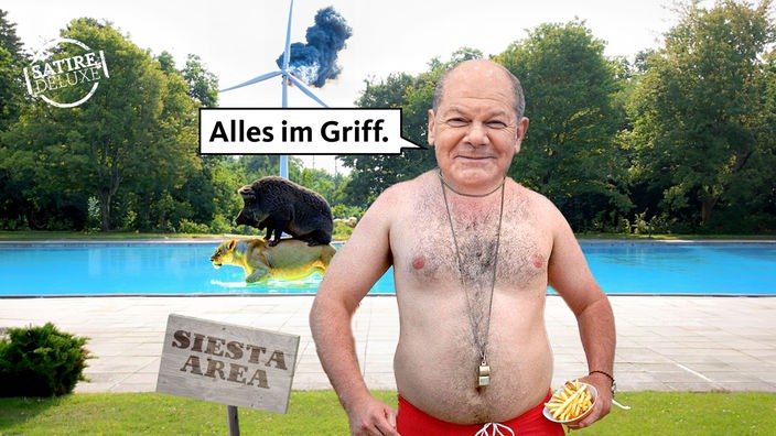 Bildmontage: Olaf Scholz als Bademeister in Berlin mit Sprechblase "Alles im Griff", Rechte: WDR