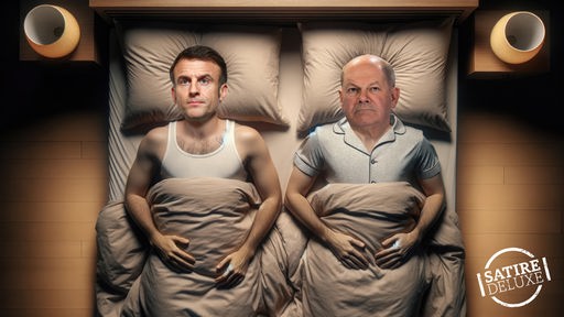 Scholz und Macron liegen gemeinsam in einem Ehebett und schauen beide gelangweilt an die Decke. 