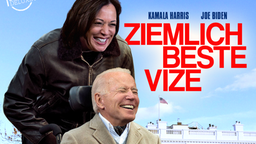 Bildmontage Filmplakat: Kamala Harris schiebt Joe Biden im Rollstuhl durch den verschneiten Garten vom Weißen Haus
