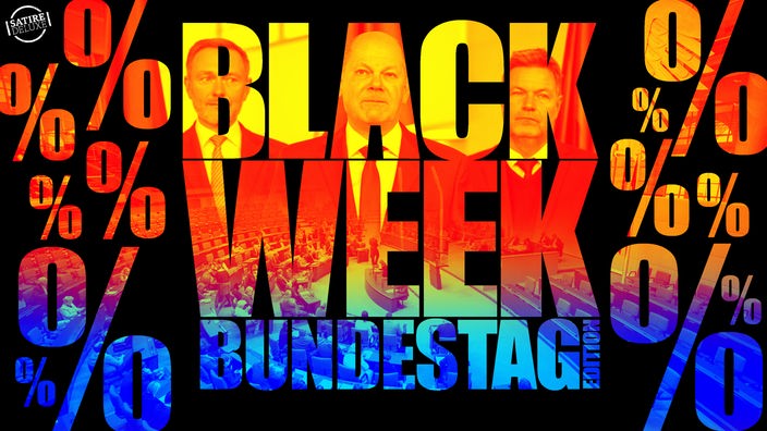 Werbung im Stile des Black Fridays mit einem Bild der ampel-Chefs und dem Schriftzug "Black Week Bundestag Edition"