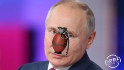Bildmontage: Porträtfoto des russischen Präsidenten Putin mit einer rot gefärbten Handgranate als Pappnase