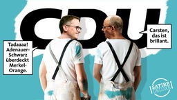 Carsten Linnemann und Friedrich Merz stehen in Malerkleidung vor dem frisch gestrichenen CDU-Logo