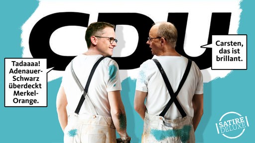 Carsten Linnemann und Friedrich Merz stehen in Malerkleidung vor dem frisch gestrichenen CDU-Logo