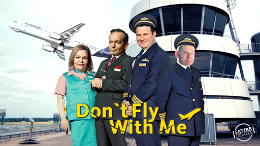 Bildmontage von Politikern der Regierung in typischer Piloten- und Bordpersonalkleidung auf dem Düsseldorfer Flughafen