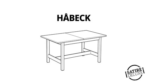 Eine Strichzeichnung von einem Küchentisch in der Anmutung einer IKEA-Montageanleitung mit dem Titel "Habeck"