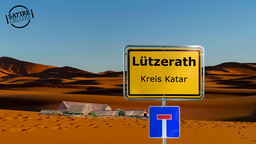 Montage des Dorfes Lützerath in die Wüste von Katar