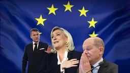 Montage von Emmanuel Macron, Marine Le Pen und Olaf Scholz vor EU-Flagge