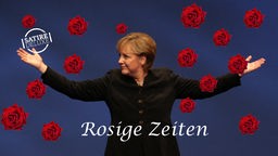 Bildmontage:  Angela Merkel breitet die Arme aus, rote Rosen fallen wie Schneeflocken herunter