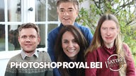 Montage des manipulierten Bildes von Prinzessin Kate und ihrer Familie mit den Satire Deluxe Moderatoren