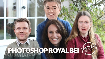 Montage des manipulierten Bildes von Prinzessin Kate und ihrer Familie mit den Satire Deluxe Moderatoren