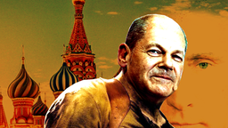 Bildmontage: fiktives Filmcover mit Olaf Scholz als Actionheld im Kreml