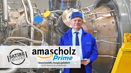 Satirische Bildmontage: Olaf Scholz in blauem Kittel und mit Amazon-Kappe steht vor der Siemens-Turbine, die nach Russland geliefert werden soll, dazu das Logo von "amascholz prime" im Amazon-Stil